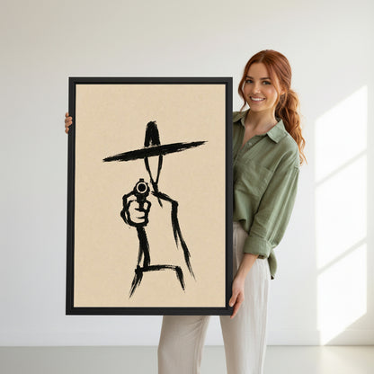 Model holding minimalist western gunslinger canvas wall art for size reference