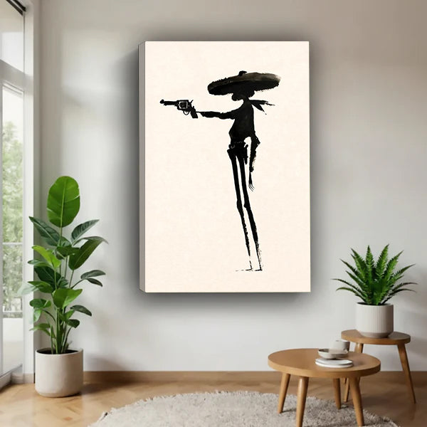 Western gunslinger canvas wall art with gallery-wrapped edges in a bright plant-filled corner