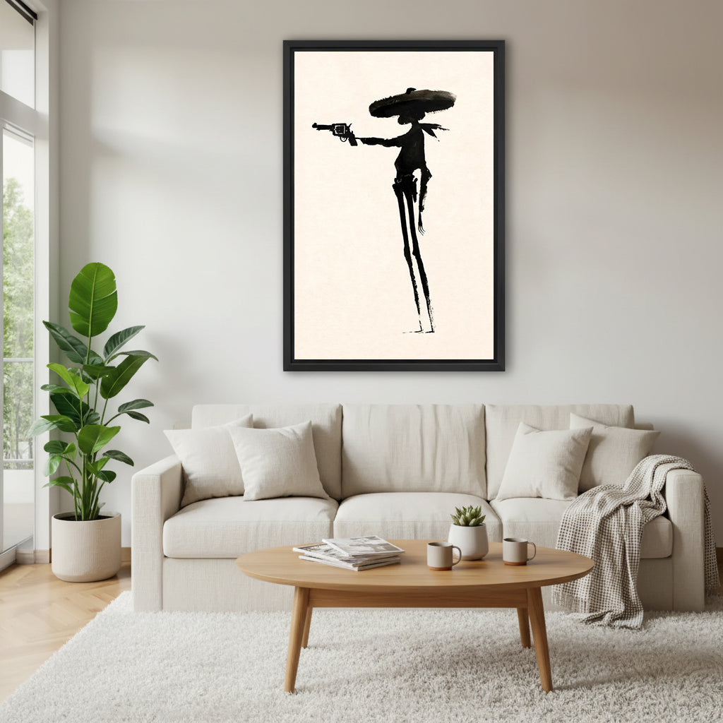 Framed western gunslinger canvas wall art displayed over a cream sofa