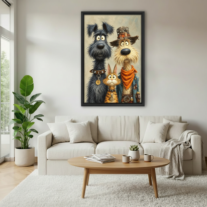 Framed whimsical animal trio canvas wall art featuring two shaggy dogs and a curious cat in a bright living room