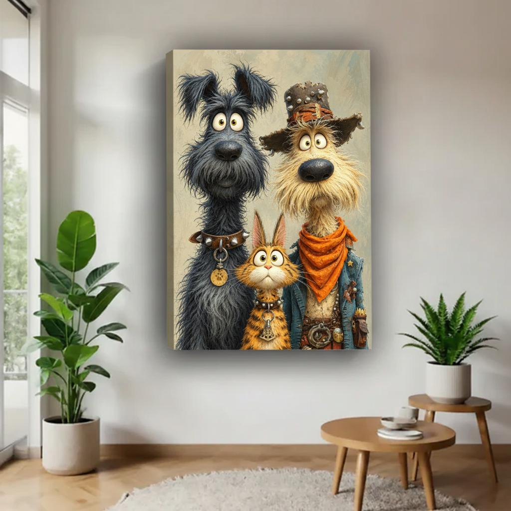 Gallery-wrap whimsical animal trio canvas wall art featuring two dogs and a cat in a softly lit modern room