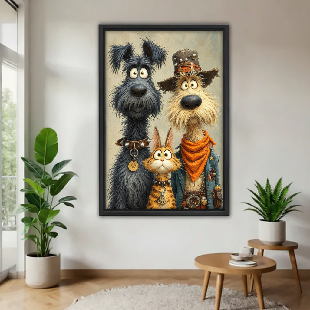 Whimsical animal trio canvas wall art displayed in a bright living room with green plants and a wooden table