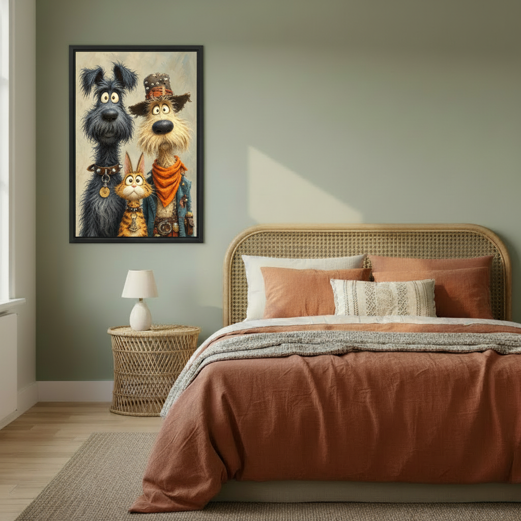 Whimsical animal trio canvas wall art displayed above a cream sofa with plants, a coffee table, and a light rug