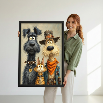 Woman holding framed whimsical animal trio canvas wall art featuring two shaggy dogs and a curious cat