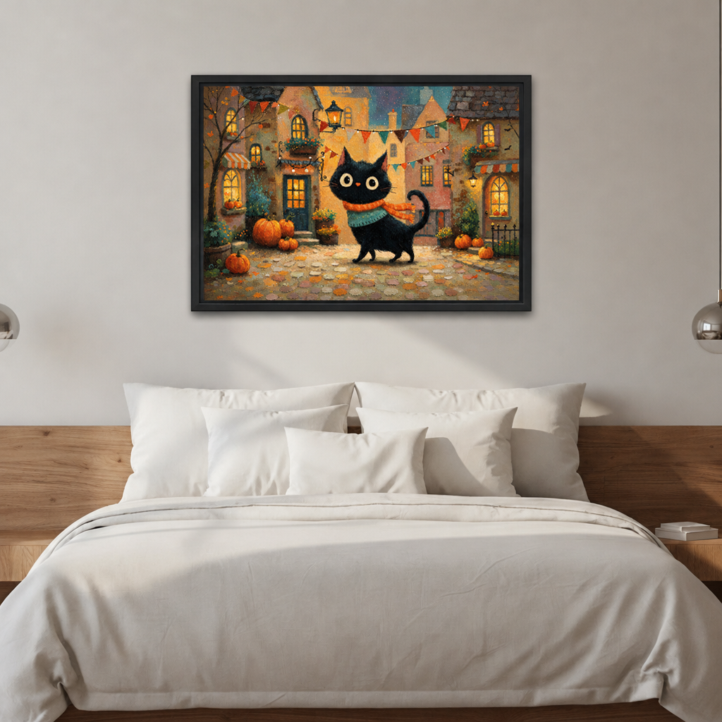 Whimsical autumn black cat canvas wall art in a black frame above a bed with white pillows and wooden headboard.