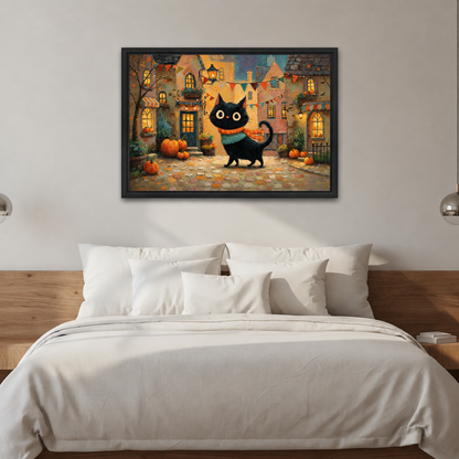 Whimsical autumn black cat canvas wall art in a black frame above a bed with white pillows and wooden headboard.