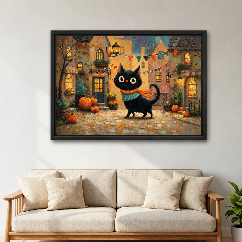 Black-framed whimsical autumn black cat canvas wall art displayed above a beige sofa with wooden arms and cream cushions.