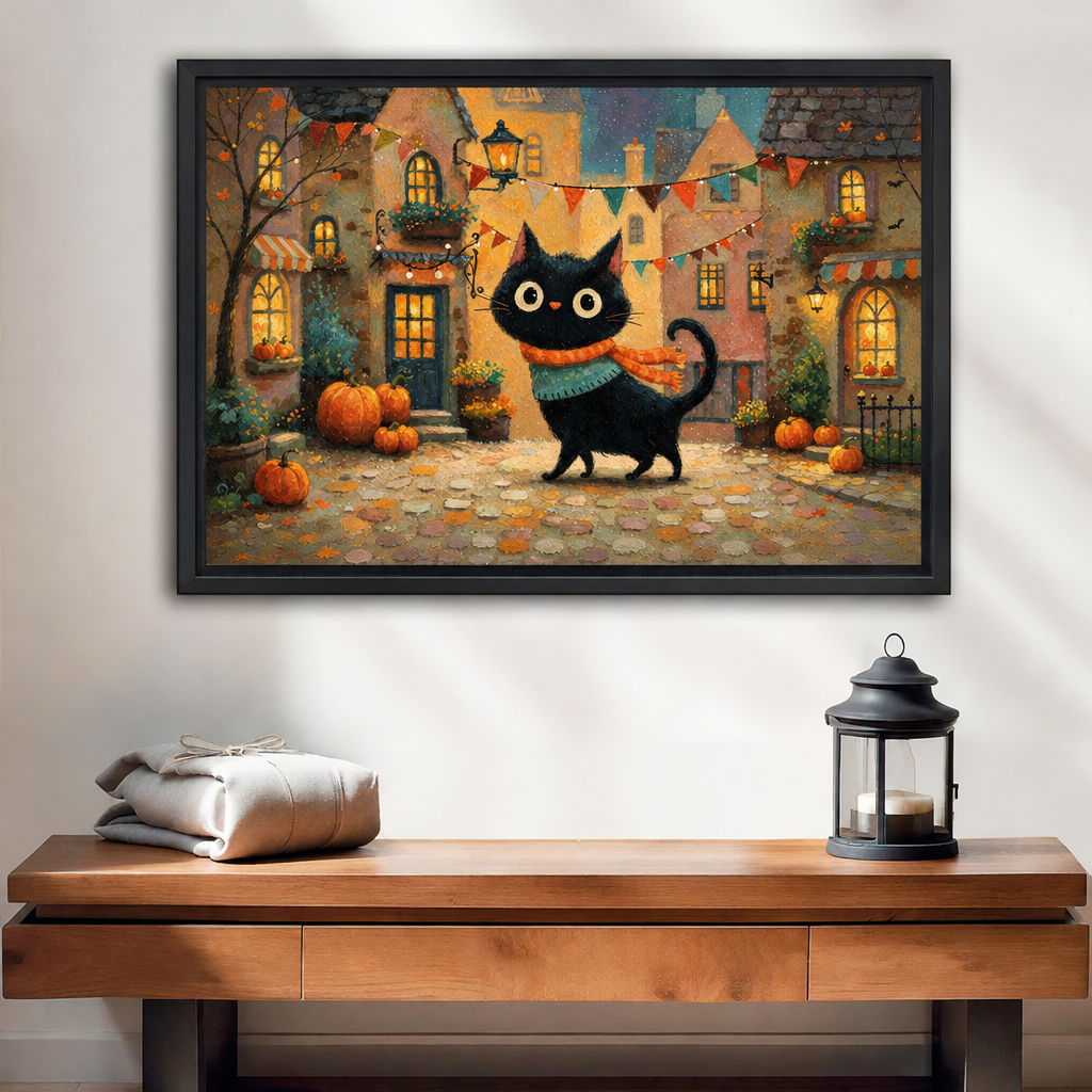 Black-framed whimsical autumn black cat canvas wall art featuring pumpkins and glowing village windows above a wooden console table.
