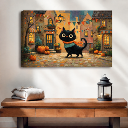 Unframed whimsical autumn black cat canvas wall art above a wooden console table with folded blankets and a lantern.