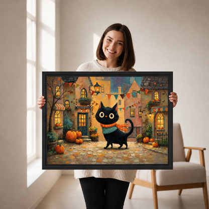 Smiling woman holding black-framed whimsical autumn black cat canvas wall art depicting a pumpkin-filled village street.
