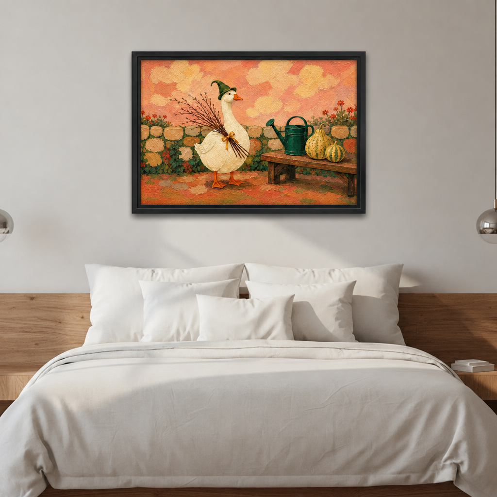 Whimsical autumn garden goose canvas wall art in a black frame above a bed with white pillows and wooden headboard.