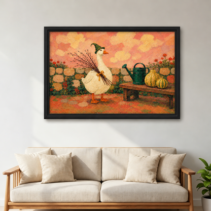 Black-framed whimsical autumn garden goose canvas wall art displayed above a beige sofa with wooden arms and cream cushions.