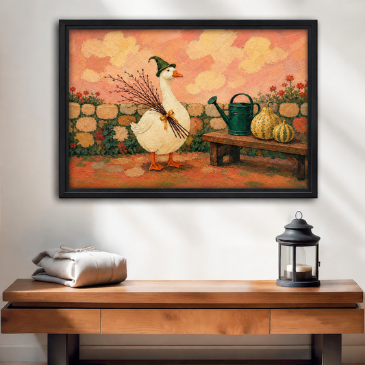 Black-framed whimsical autumn garden goose canvas wall art depicting a rustic courtyard above a wooden console table.