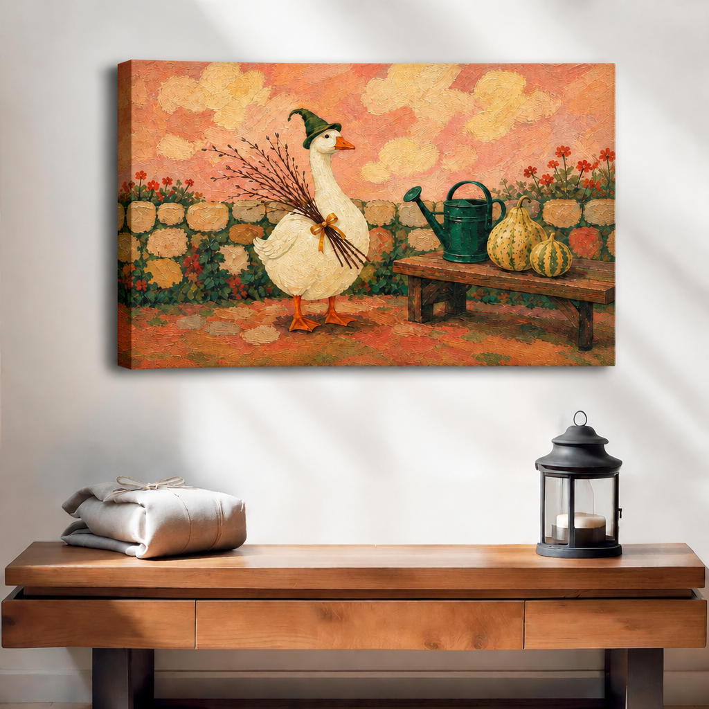 Unframed whimsical autumn garden goose canvas wall art above a wooden console table with folded blankets and a lantern.