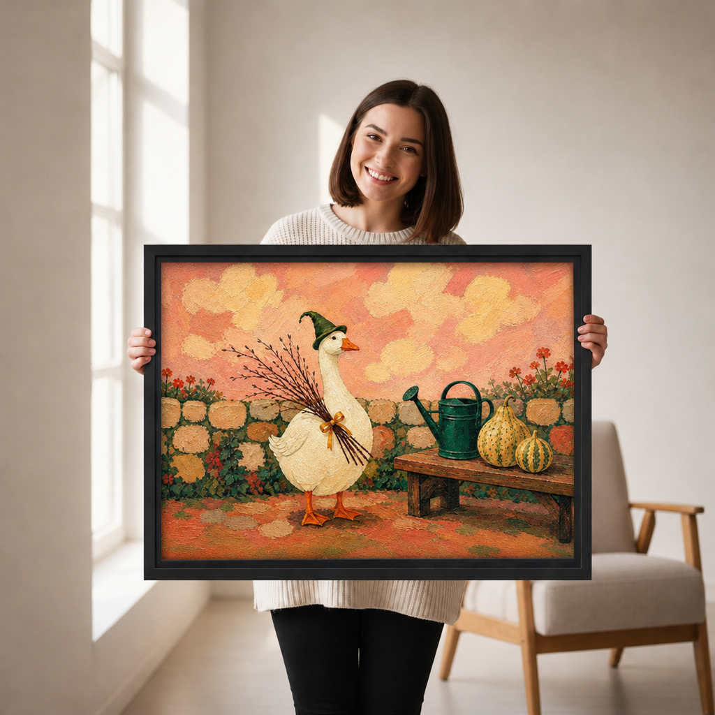  Smiling woman holding black-framed whimsical autumn garden goose canvas wall art featuring a green hat, watering can, and gourds.