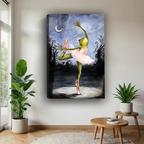 Framed whimsical ballerina frog canvas wall art above a warm-toned bedroom bed