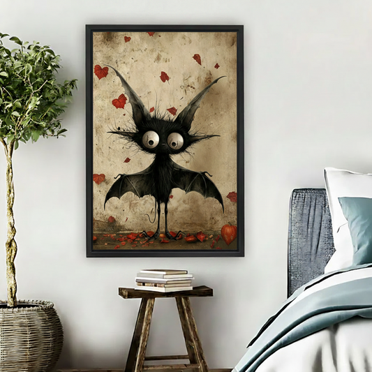 Gothic whimsical bat red heart leaves framed canvas bedroom wall art beside rustic wooden stool
