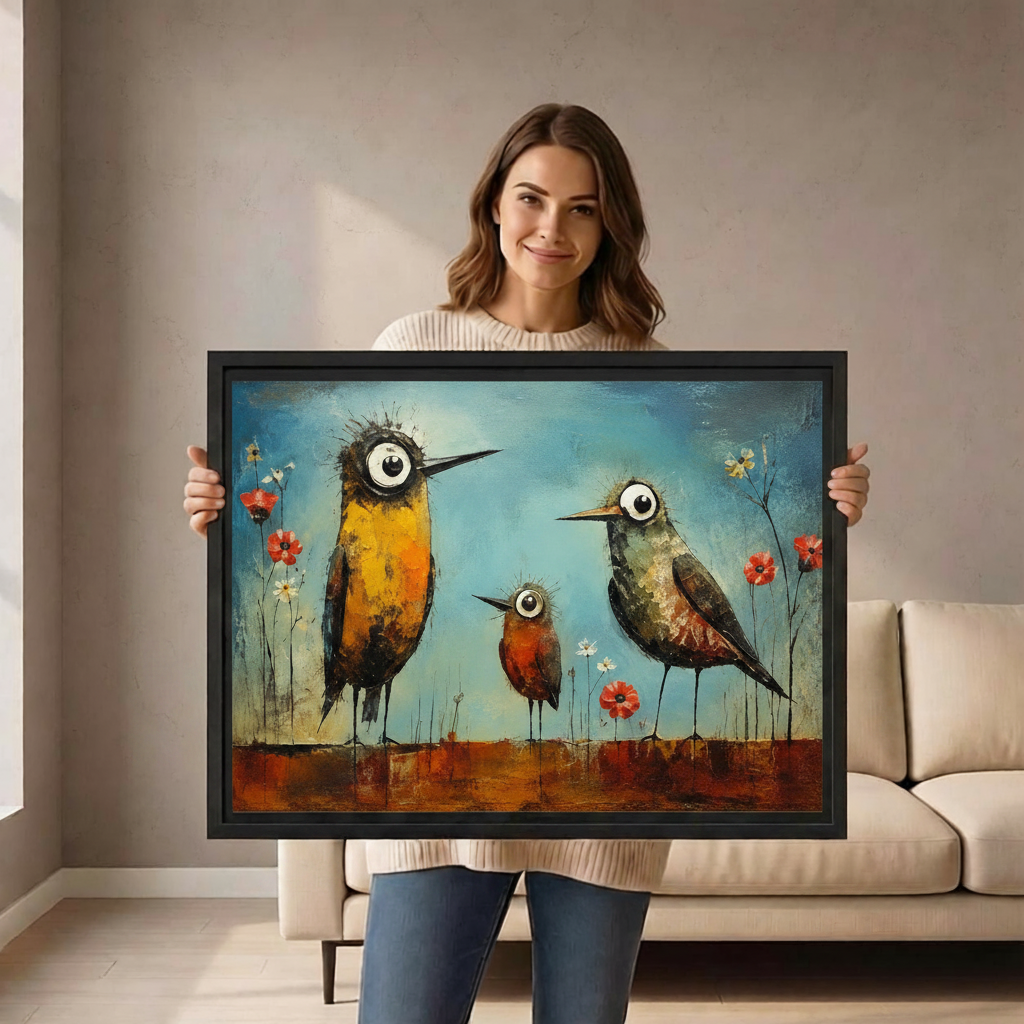 Woman holding large whimsical big-eye birds poppy field framed canvas print showing size reference