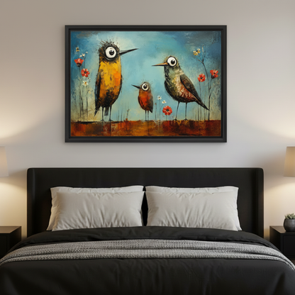 Colorful whimsical big-eye birds with poppies framed canvas wall art displayed in stylish entryway