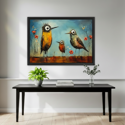 Bold whimsical big-eye birds oil painting framed canvas print above sofa in eclectic Scandinavian living room