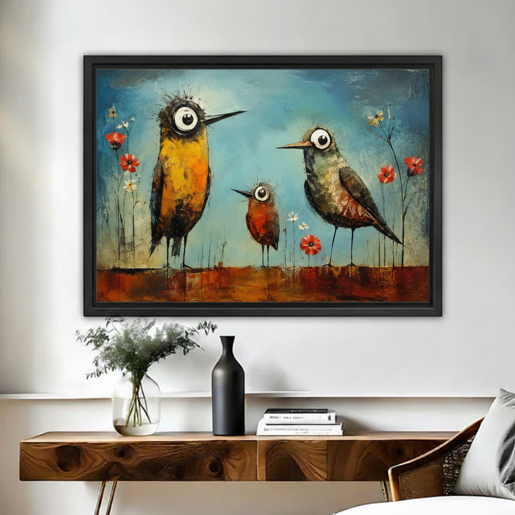 Whimsical big-eye birds with red poppies oil painting framed canvas print hung above console in bedroom