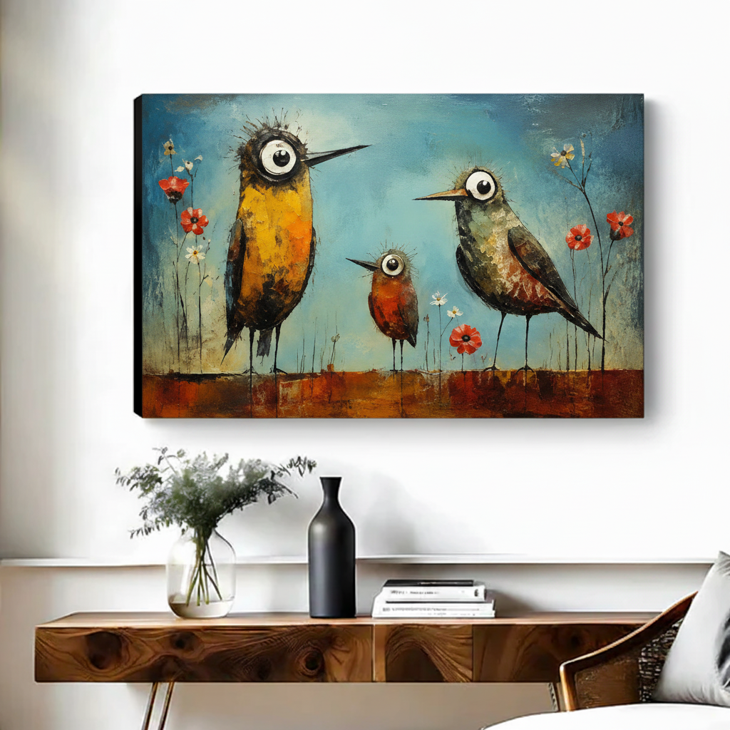 Quirky big-eye birds poppy field oil painting gallery wrap canvas art displayed in cozy living room