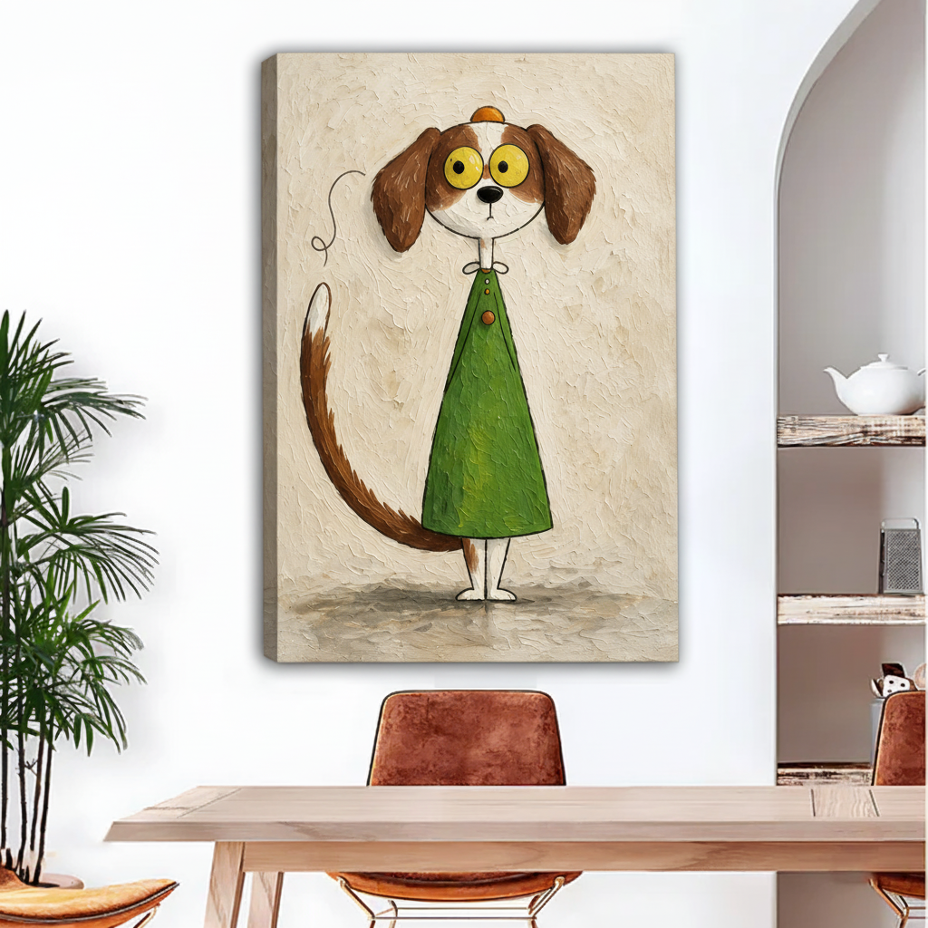 Gallery-wrap canvas art featuring a quirky big-eyed dog with brown floppy ears, a long tail, and a green coat.