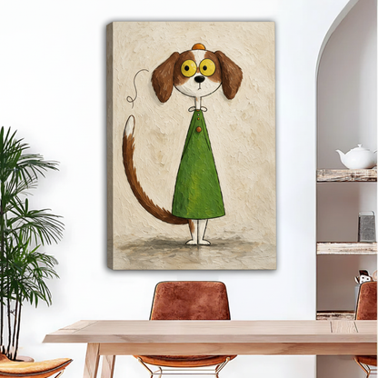 Gallery-wrap canvas art featuring a quirky big-eyed dog with brown floppy ears, a long tail, and a green coat.