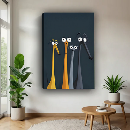 Whimsical big-eyed long-neck animals canvas art print without frame displayed on white wall beside plants