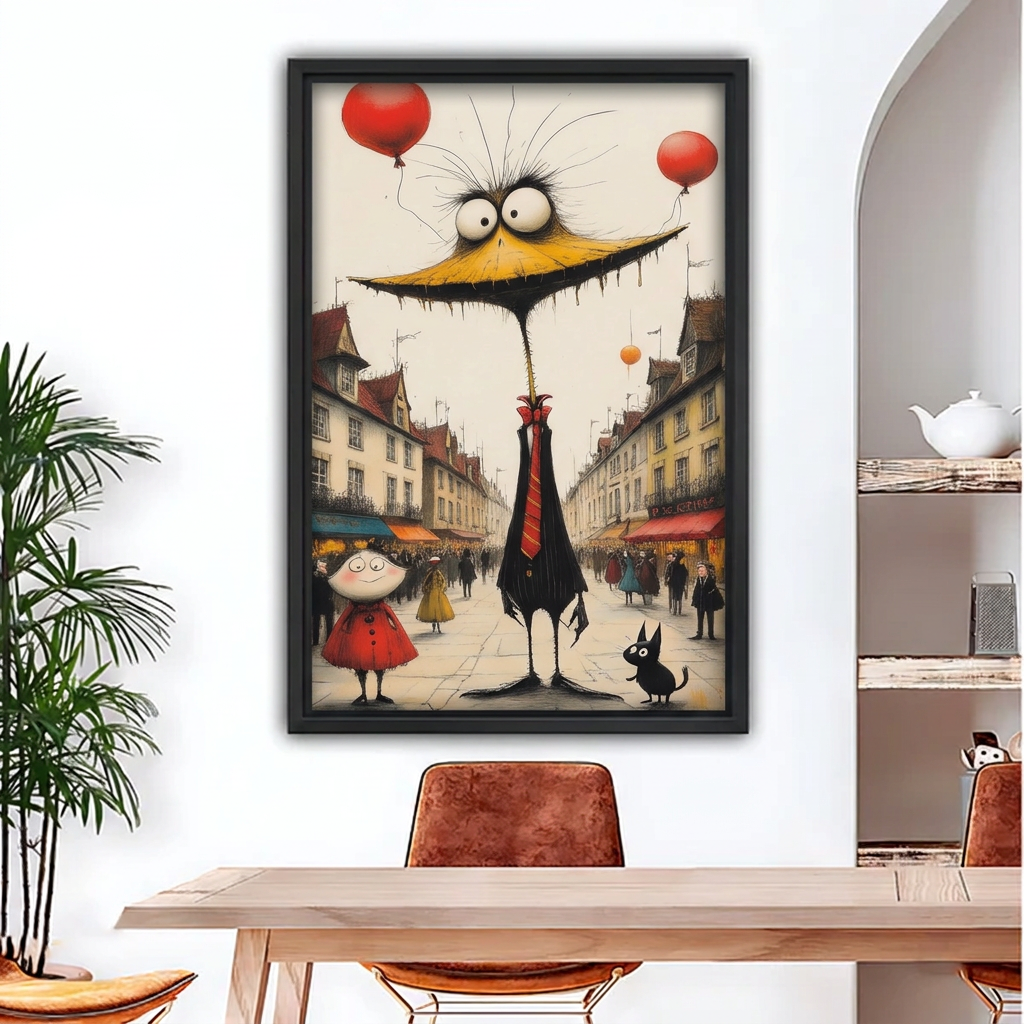 Whimsical bird canvas wall art in a black frame above a dining table, featuring red balloons and a black cat.