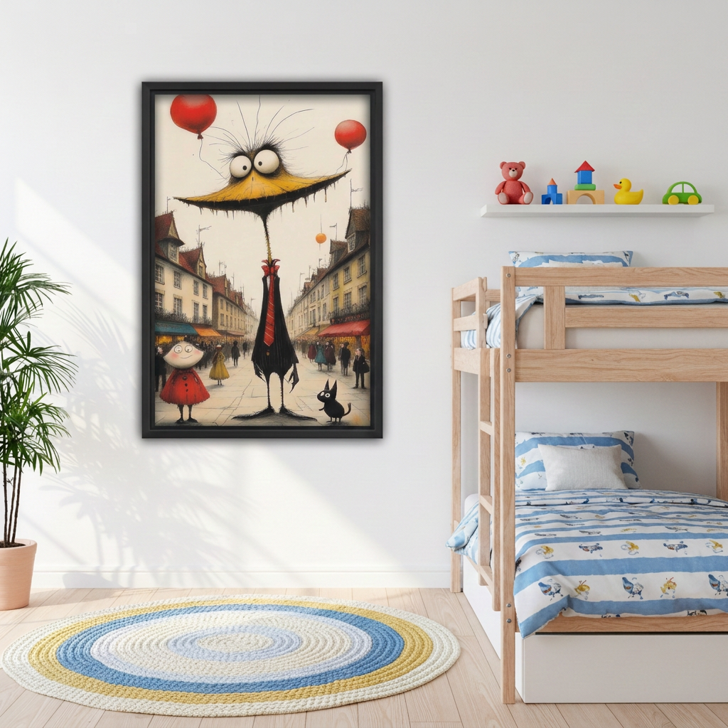 Whimsical bird canvas wall art in a black frame beside wooden bunk beds in a bright children's bedroom.