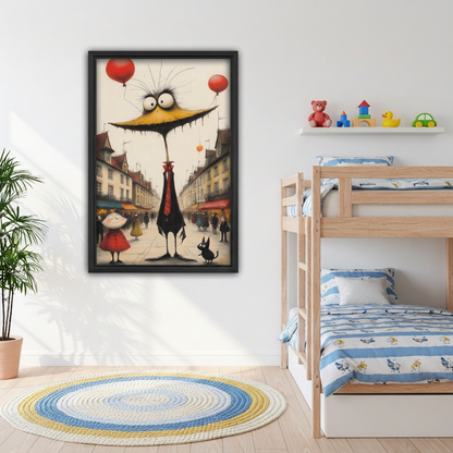 Whimsical bird canvas wall art in a black frame beside wooden bunk beds in a bright children's bedroom.