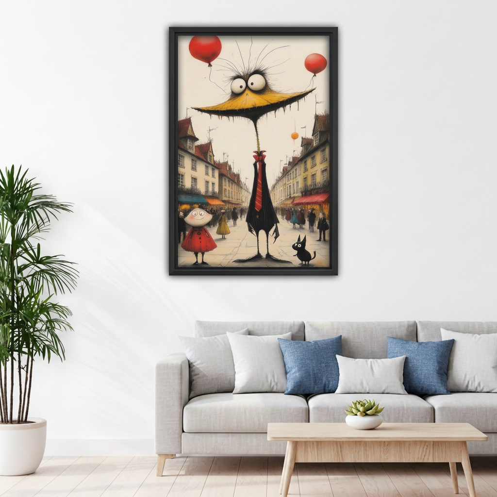 Black framed whimsical bird canvas wall art hanging above a light gray sofa with blue and white cushions.