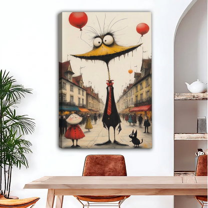 Unframed whimsical bird canvas wall art displayed above a dining table with red balloons and storybook street details.