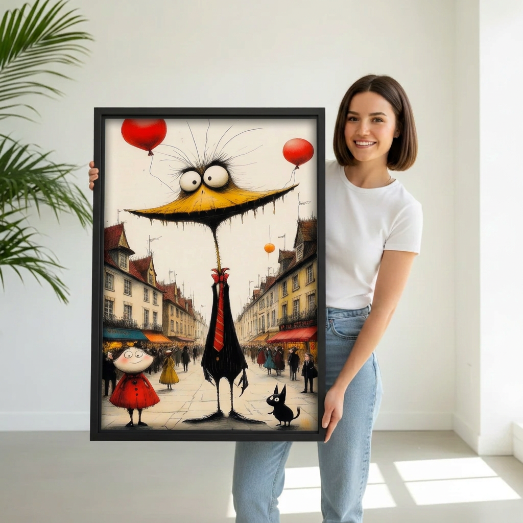 Woman holding black framed whimsical bird canvas wall art featuring a long-beaked character, red balloons, and a black cat.