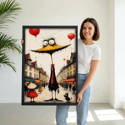 Woman holding black framed whimsical bird canvas wall art featuring a long-beaked character, red balloons, and a black cat.