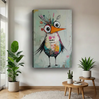 Unframed gallery wrap canvas of whimsical big-eyed bird in mixed media collage style on mint green textured background, stretched canvas with visible side depth for eclectic home decor