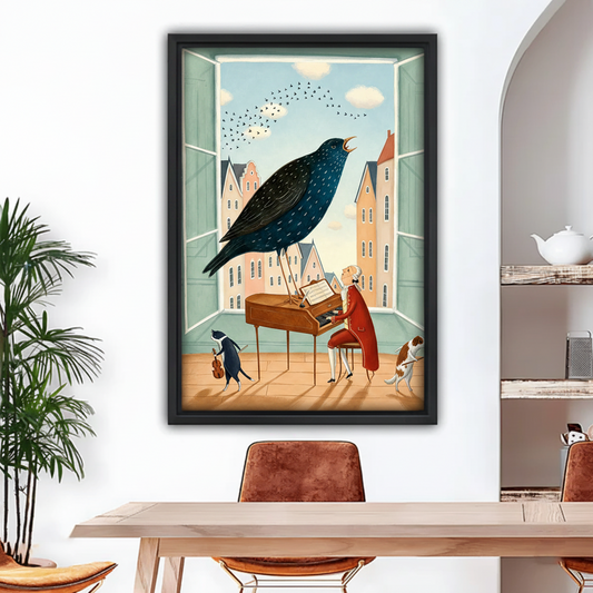 Whimsical bird concert framed canvas wall art with black float frame above wooden dining table