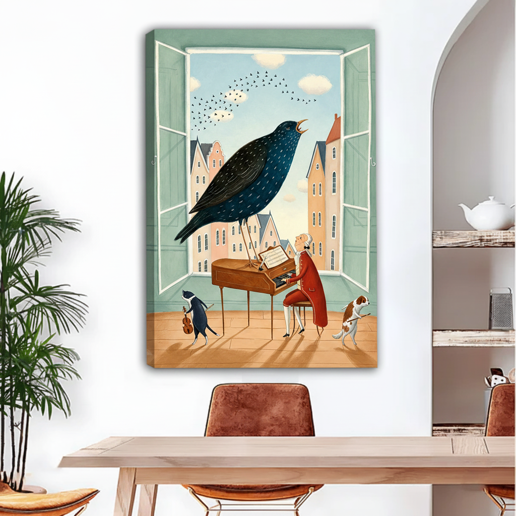 Giant starling piano concert gallery wrap canvas wall art displayed in bright modern dining room