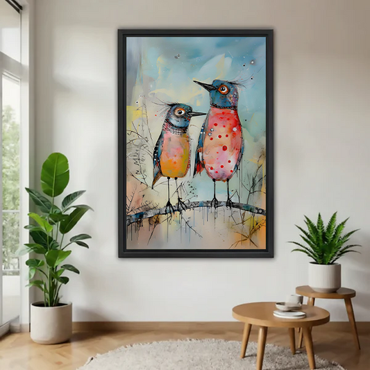 Whimsical bird duo art print in black frame displayed on white wall in modern living room