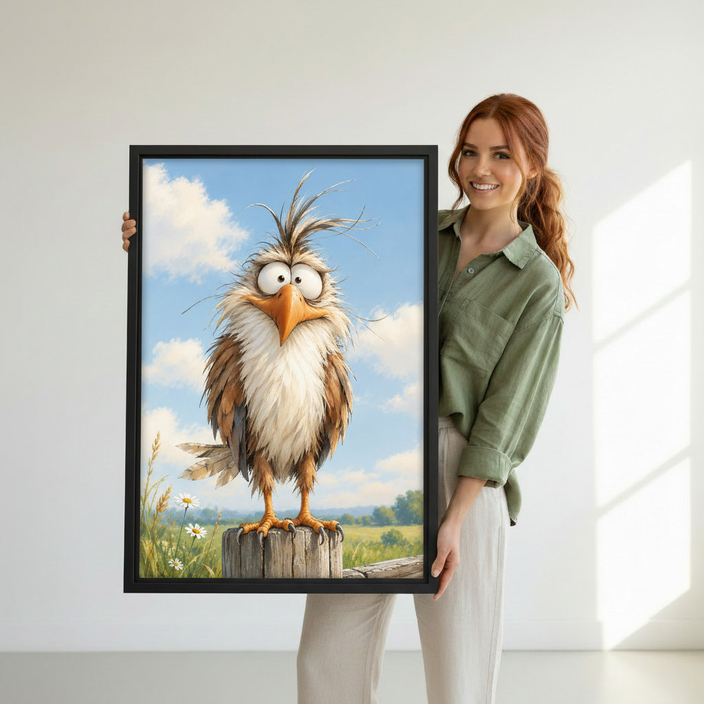 Woman holding whimsical bird canvas wall art in a black frame to show its scale and detail.