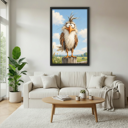 Whimsical bird canvas wall art framed above a neutral sofa in a bright modern living room.