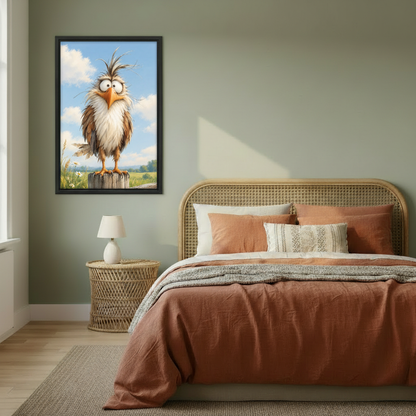 Whimsical bird canvas wall art in a black frame displayed above a bed in a cozy bedroom.