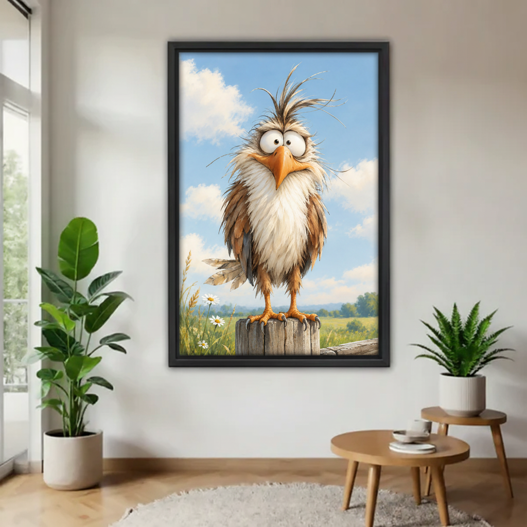 Whimsical bird canvas wall art in a black frame displayed above a modern living room console