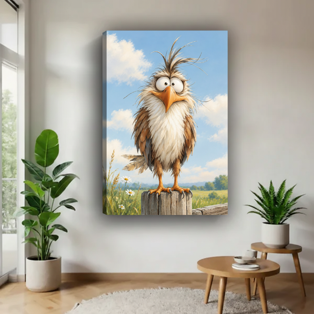 Whimsical bird canvas wall art displayed as a deep gallery-wrap canvas in a bright living room.