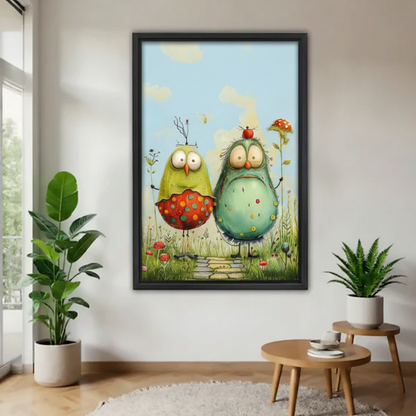 Whimsical bird meadow canvas wall art displayed above a round dining table