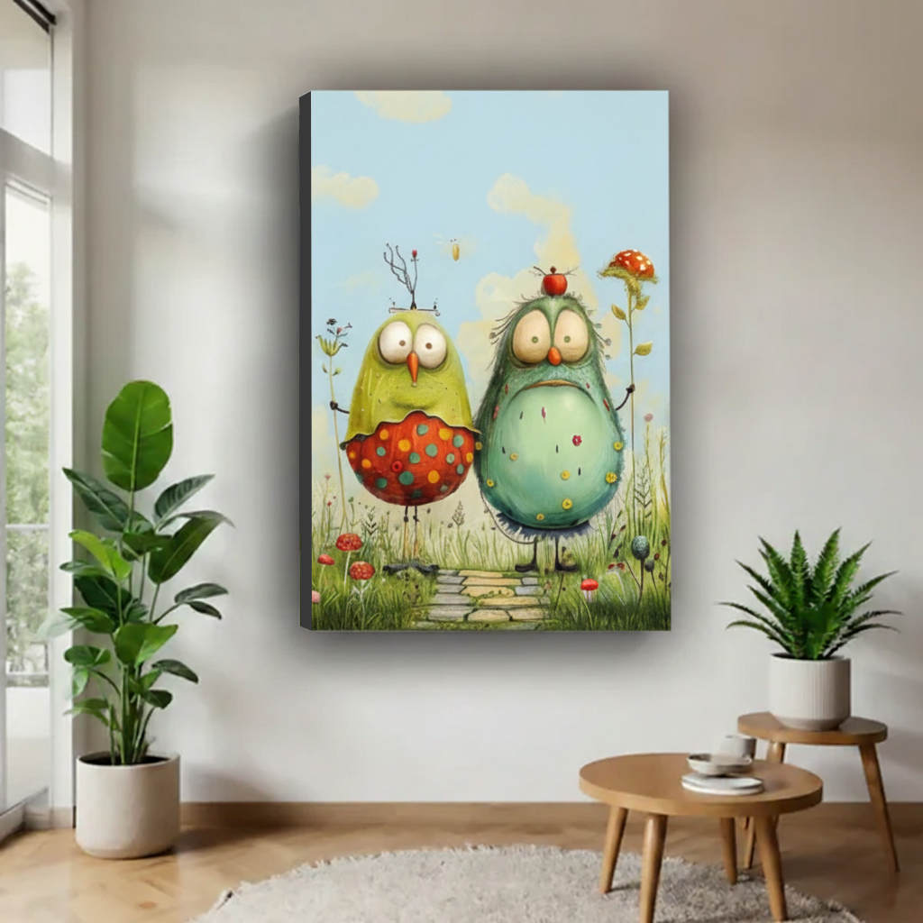 Gallery-wrap whimsical bird meadow wall art featuring two colorful birds and wildflowers
