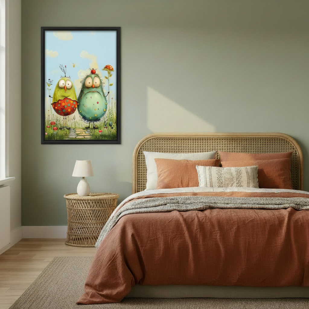 Whimsical Halloween black cat canvas wall art displayed above a warm neutral bed in a cozy bedroom.