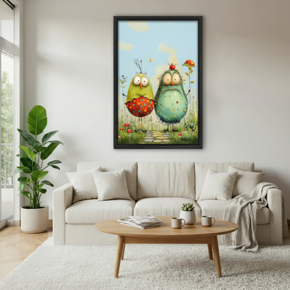 Framed whimsical bird meadow wall art displayed above a sofa in a bright living room