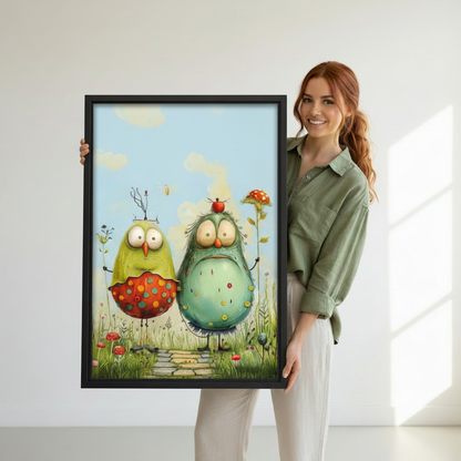 Woman holding framed whimsical bird meadow wall art to show its full size